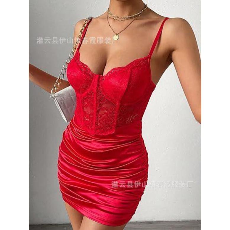 Wind lace fishbone splicing erotic underwear perspective sexy pumping pleated hip-wrapped tight dress