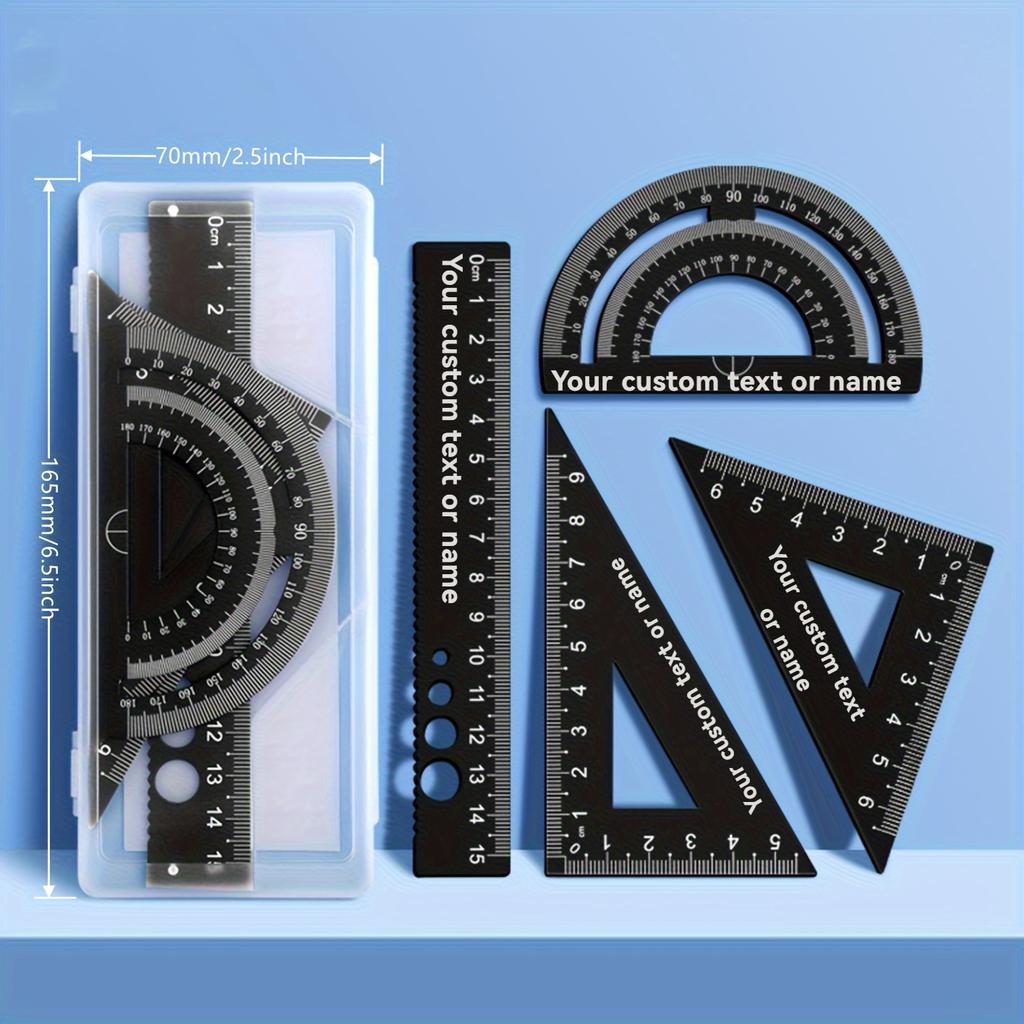 4pcs Customizable Metal Drawing Set with Storage Box, Student Measuring Ruler Kit, Multifunctional Set