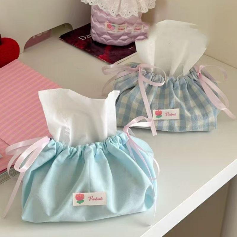 Blue Plaid Bow Tissue Bag: Single-layer Drawstring Cover for Living Room or Bedroom Storage
