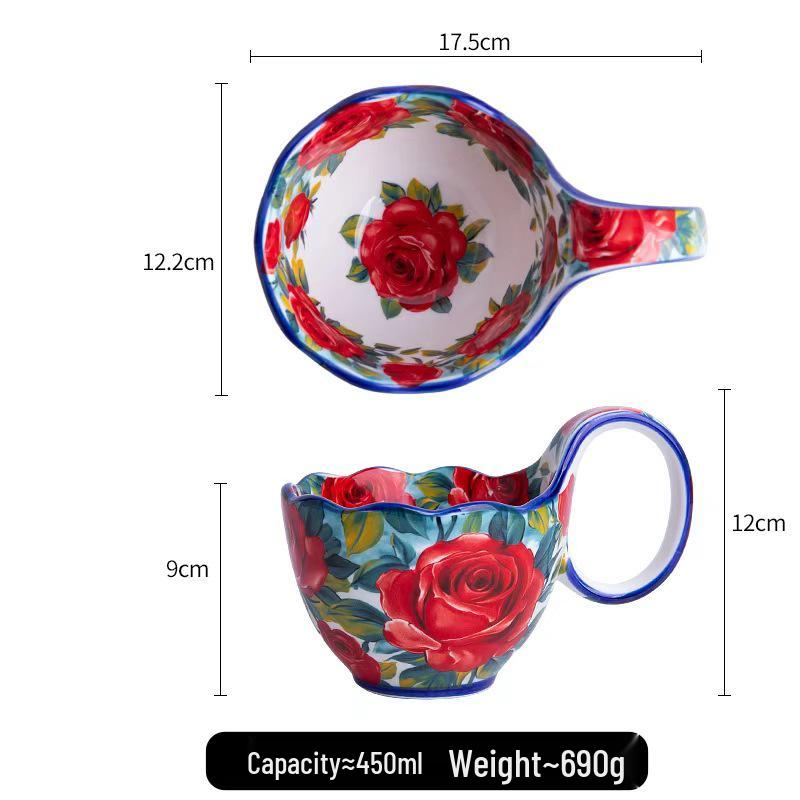 Rose-Design Curved Handle Ceramic Cup & Spoon Set - 2 Piece Underglaze Polish for Coffee & Soy Milk