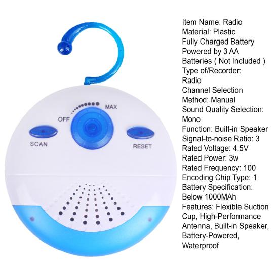 Rádio FM portátil para chuveiro com alto-falante integrado e antena de alto desempenho, mini rádio compacto à prova d'água alimentado por bateria com ventosas