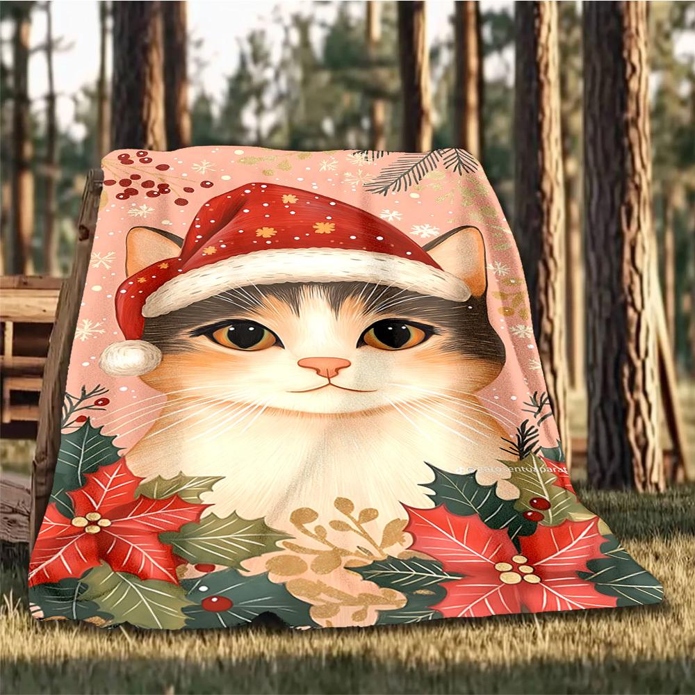 1pc Christmas Cat Decorations Outdoor Flannel Blanket , Machine Washable Perfect Gift for Birthday , Holiday Travel Accessory , Durable Material