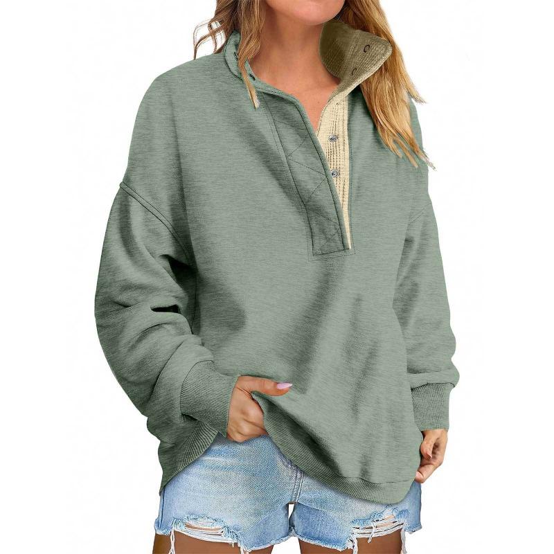 Women European Style Casual Loose Button V Neck Long Sleeve Pullover Sweatshirt
