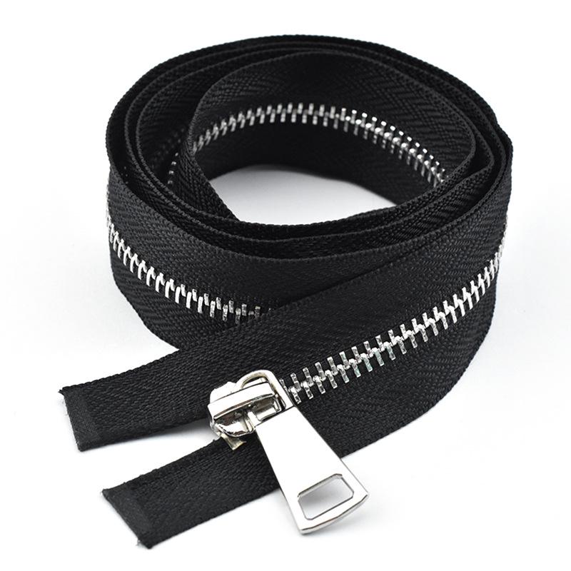 12-100cm Black Metal Copper Zipper No. 5, Double-Ended with Silver Teeth for Leather Jackets