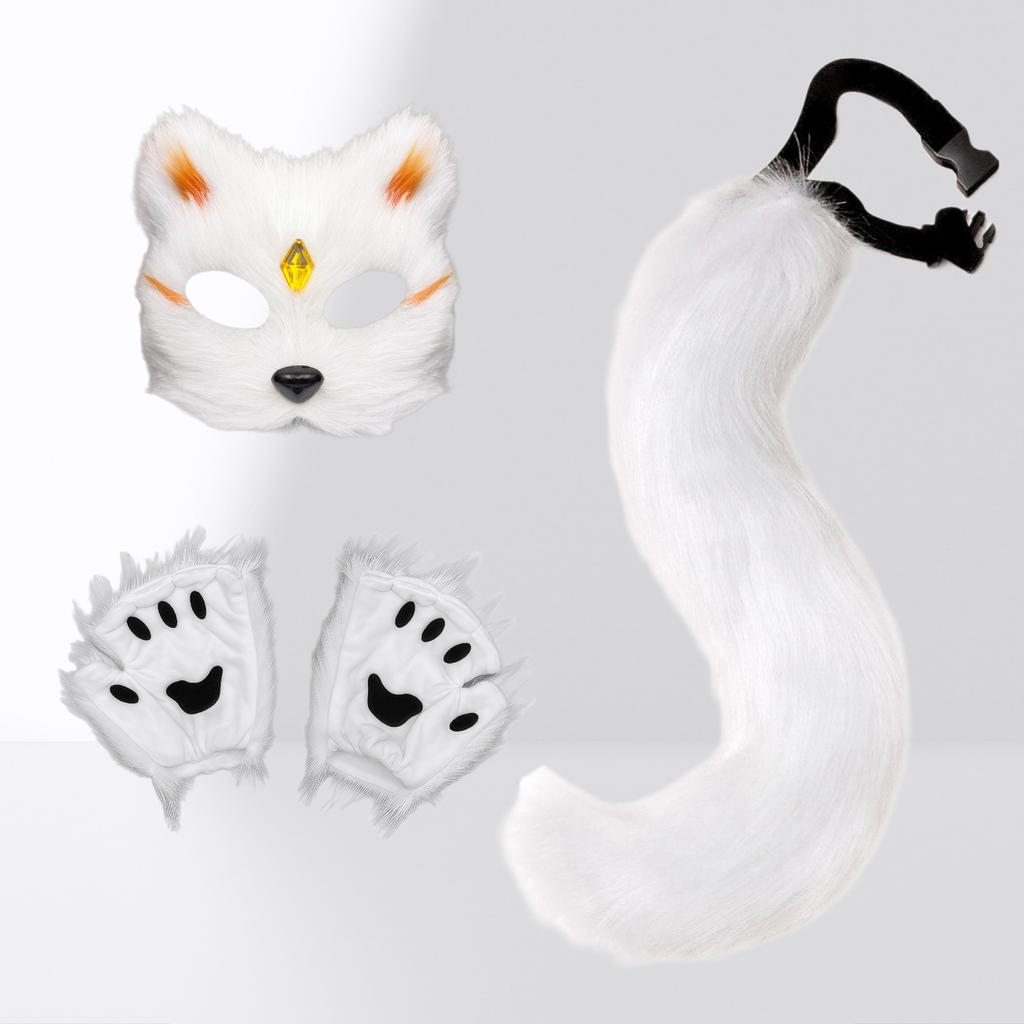 fox ears cos A Halloween set of plush gloves with animal claws, animal ears, and animal tails, along with a face mask and tail for women