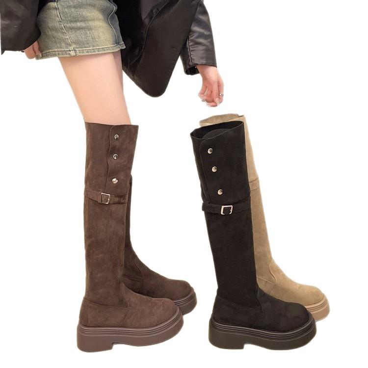 Small man but knee matte French boots women 2025 autumn and winter retro high tube belt buckle knight boots women