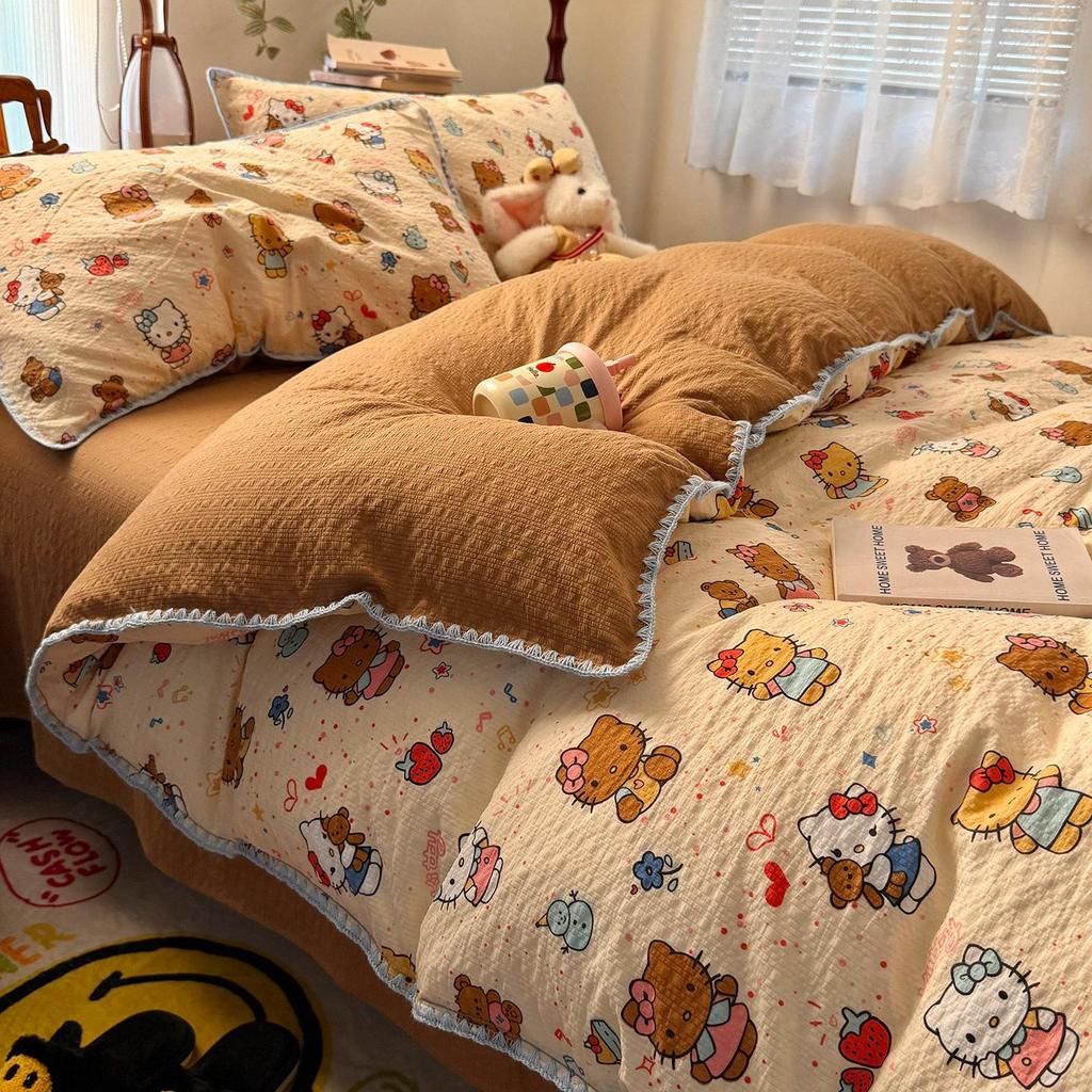 A-Grade Cartoon Cotton Bedding Set for Students - 4-Piece Single Dorm Set with Bed Sheet and Duvet Cover