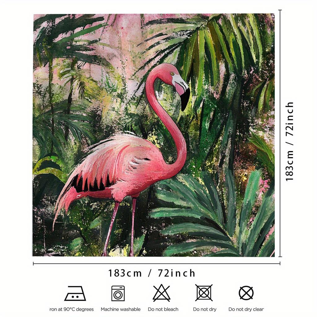 1 Tropical Flamingo Shower Curtain - Vibrant Rainforest Design, Lush Green Leaves and Pink Flamingo Pattern, Durable Curtain