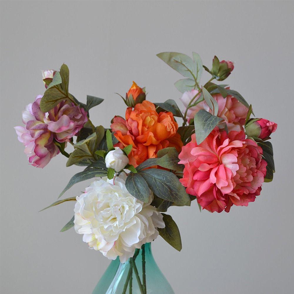 Jedwabne Płatki Symulacja Kwiatu Peonii Zielone Liście Sztuczny Kwiat Peonia Sztuczny Kwiat Prezent