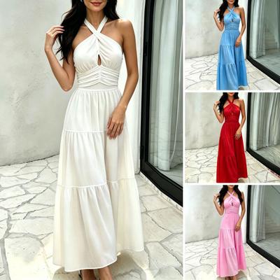 Ärmelloses Maxikleid mit Neckholder für Damen, gekreuzter Rücken mit Raffung, rückenfrei, mehrlagig, A-Linie, schwingend, formelles Cocktail- oder Hochzeitsgastkleid