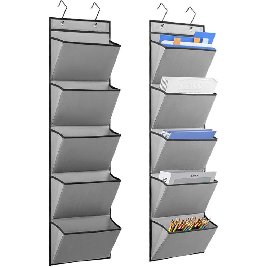 2 Pcs Over the Door File Organizer Back to School Hanging File Holder Classroom Office Organization for Mails Papers Magazines and Books (5 Pockets) 5 Pockets