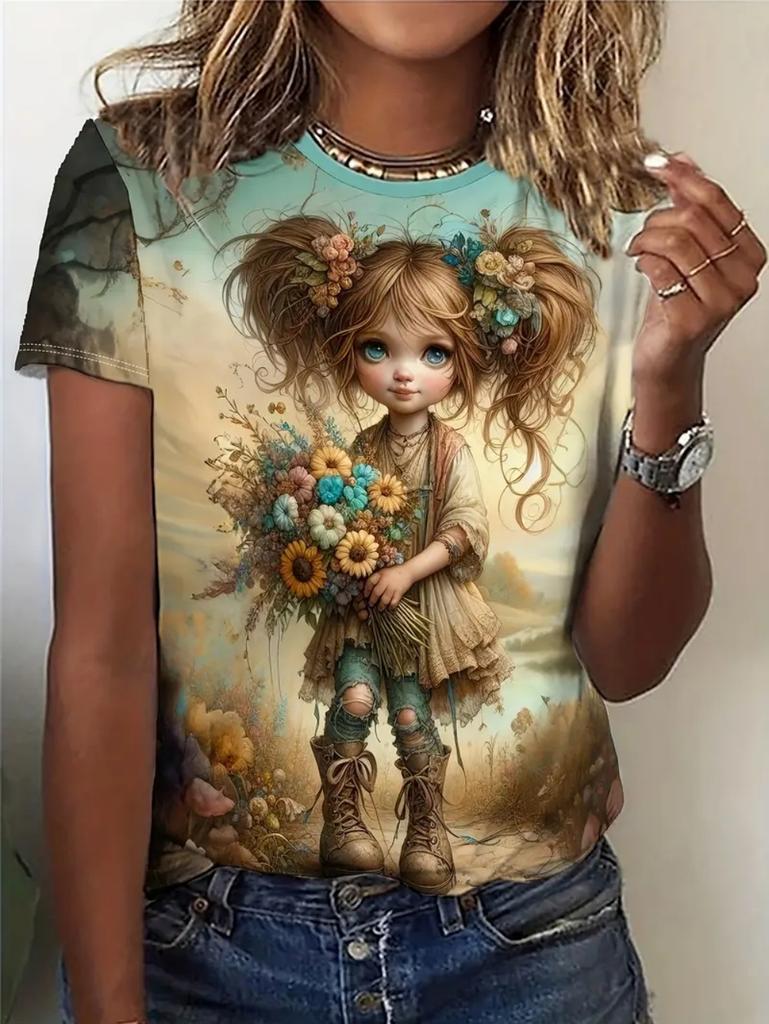Girl Clothes Cute Cartoon Girl 3D Print Summer Casual Short Sleeve Fashion O-Neck Kids Top Trendy Streetwear Children's Clothing