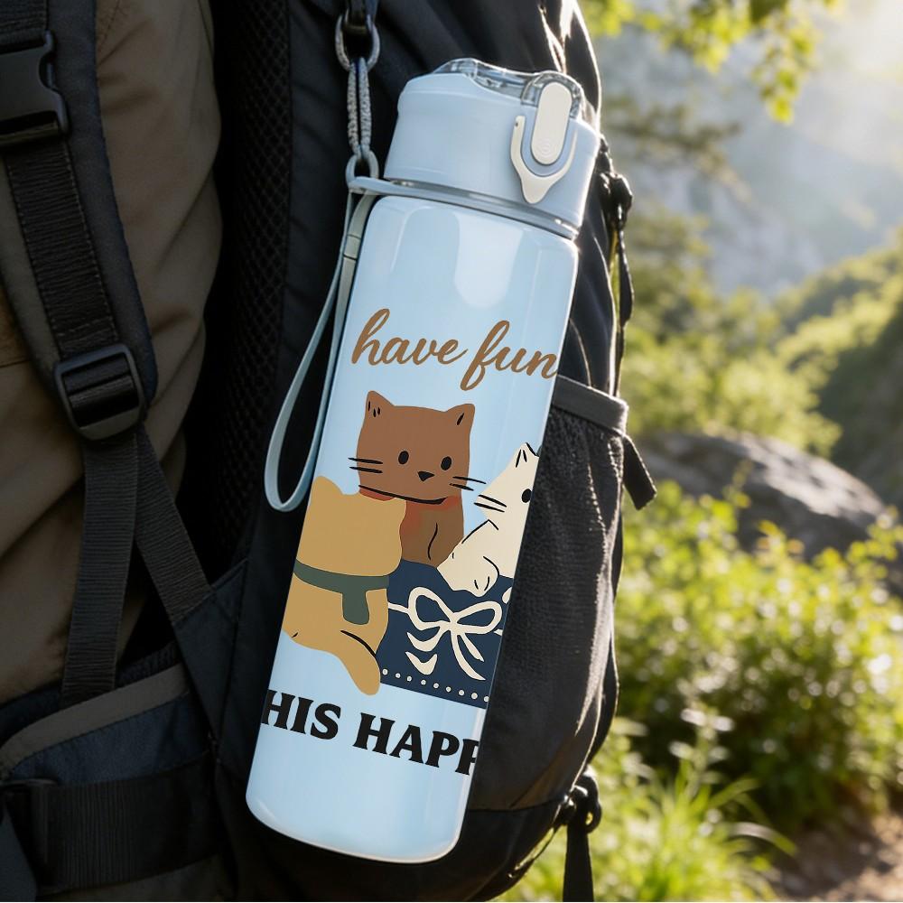 1PC Love From You Happy Cat Group 750ml Color Plastic Sports Water Bottle Leakproof Flip Straw Lid Suitable for Sports Office Home Use