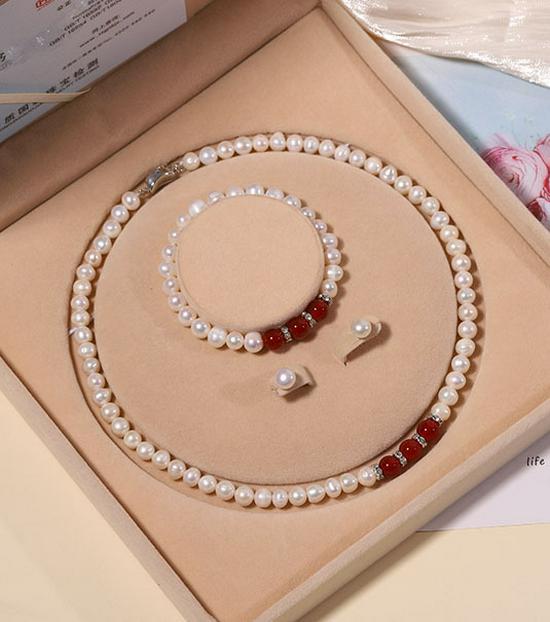 Zhuji Süßwasserperlen-Halskettenset für Damen - Echte Perlen Schlüsselbeinkette - Muttertagsgeschenk