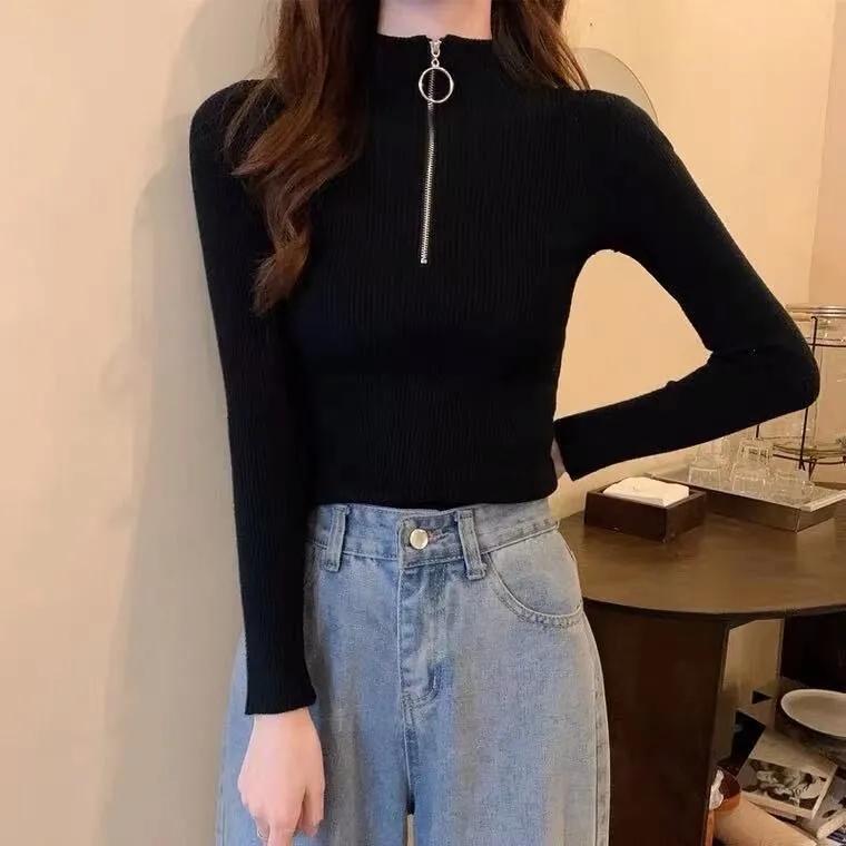 Knitted Women Zipper Half High Neck Sweater Pullovers Autumn Winter Basic Women Sweaters Slim Solid Knitwear Pull Femme Tops