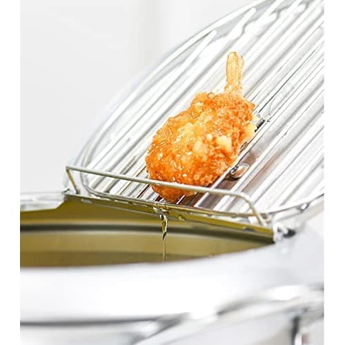 24cm Silver Round Deep Fryer, Induction and Gas Compatible, Includes Frying Net, Thermometer, and Lid, Perfect for Deep Frying Tempura, Skewers, and O