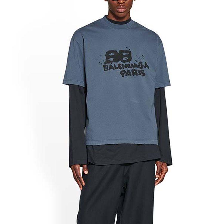 Balenciaga HAND DRAWN BB ICON SS23 T Shirt Regular Fit Men's Washed Blue/Black 612966TNVN44183