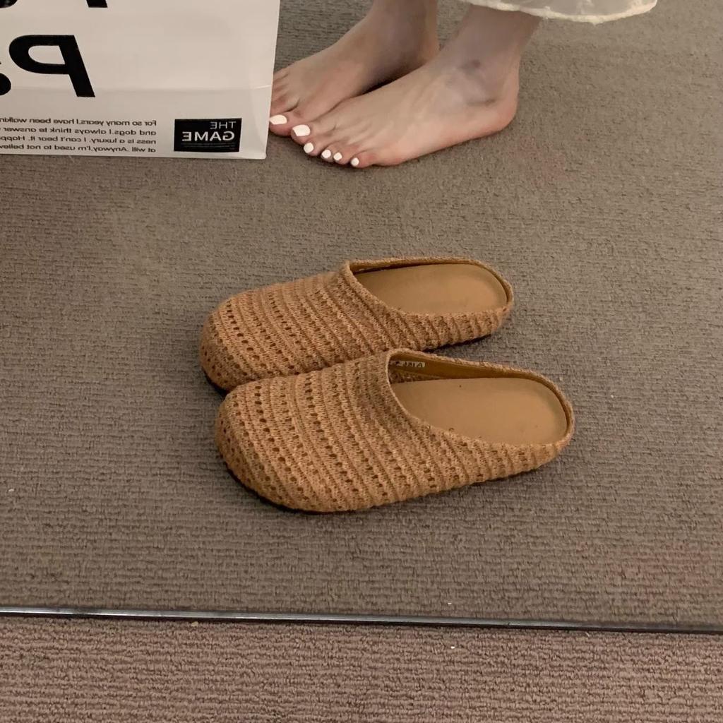 Woven bag head slippers women's summer wear beach soft bottom lazy high value flat bottom Muller cool slippers