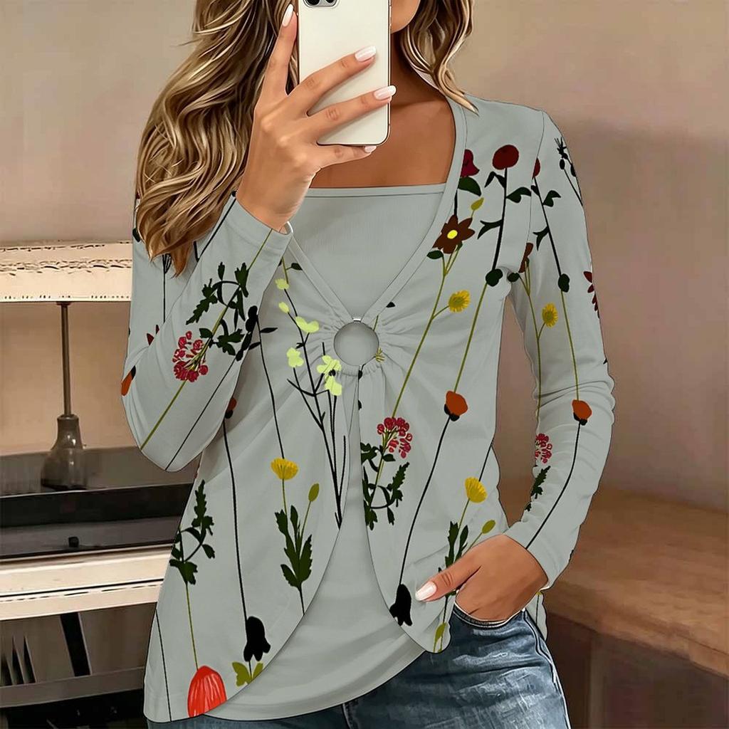Tops for Women Floral Print Long Sleeve Fake Two‑Piece Top Fall Casual Slim Pullover Women's Long Sleeve Top