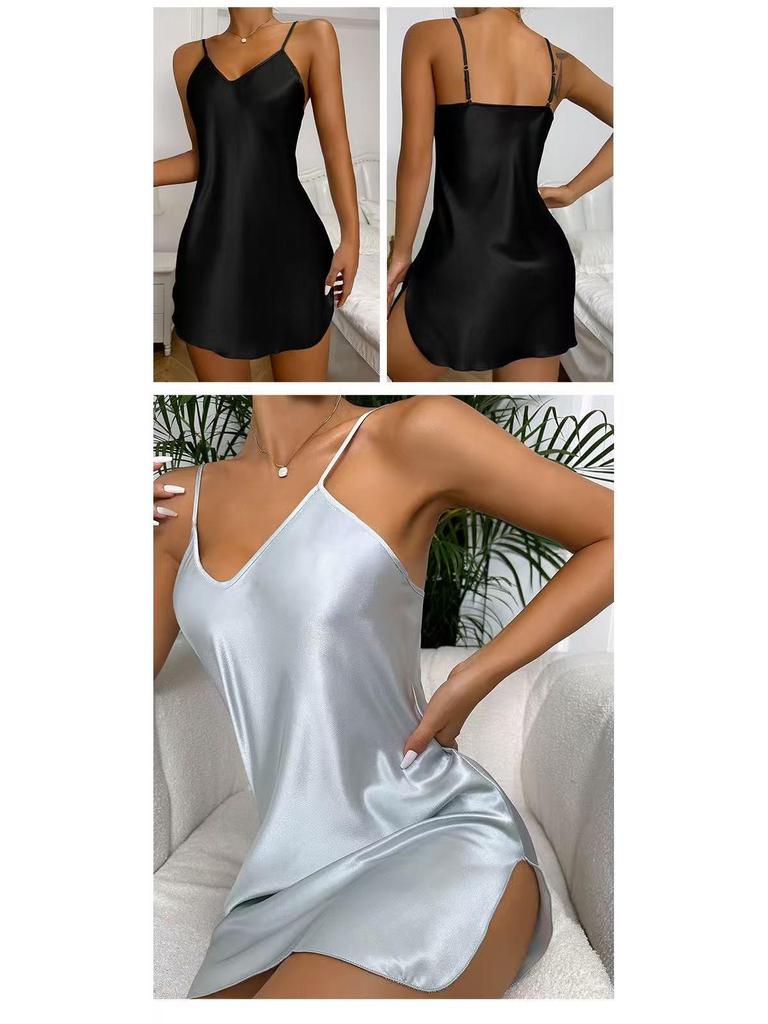 Damen Sexy Spaghettiträger Mini-Kleid - Lässiger Unifarbener Nachthemd-Stil