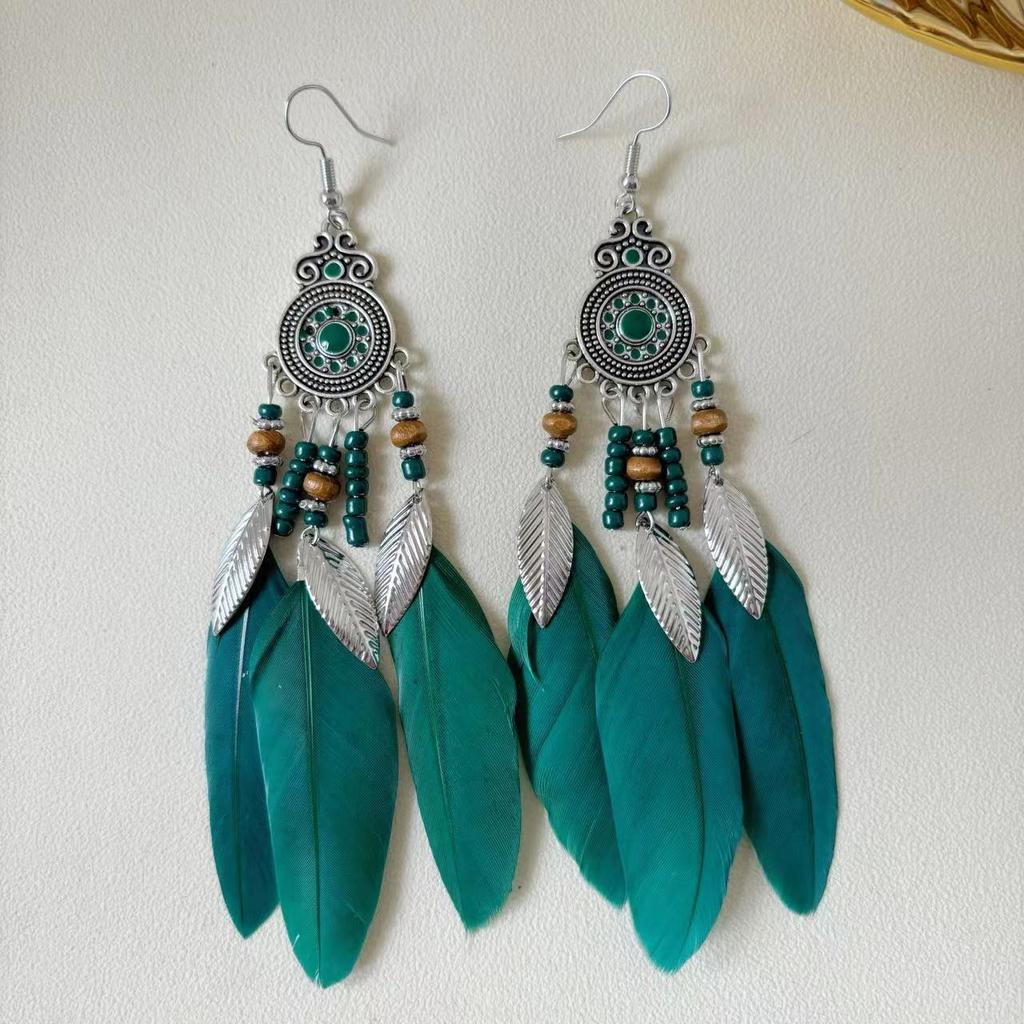 Vintage Bohemian Feather Tassel Earrings Exaggerated Ethnic Vacation Dangle Ear Jewelry Fashion Accessories For Women