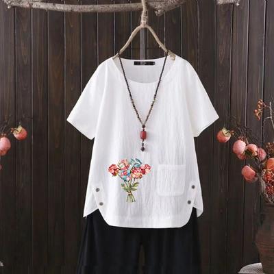 Camicia Estiva da Donna in Lino, T-shirt Grafica Retro, Maniche Corte Girocollo, S-4XL