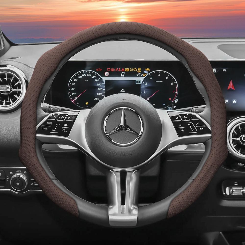 Suitable for Mercedes-Benz Perforated Leather Steering Wheel Cover, Non-Slip, Sweat-Absorbent, Breathable, Integrated Protective Case V 