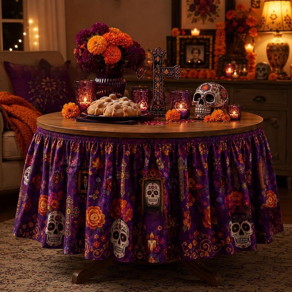 Dia De Los Muertos Table Skirt Mexican Skull Pattern Polyester Party Decor For Events