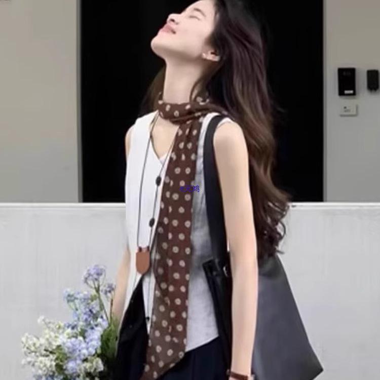 Retro French Polka Dot Silk Scarf - Brown Neckerchief for Women