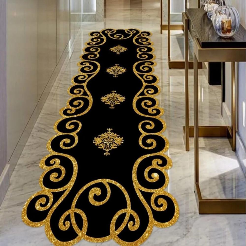 Laserem řezaný černo-zlatý protiskluzový základní koberec, omyvatelný měkký koberec, černo-zlatý zdobený běžecký koberec