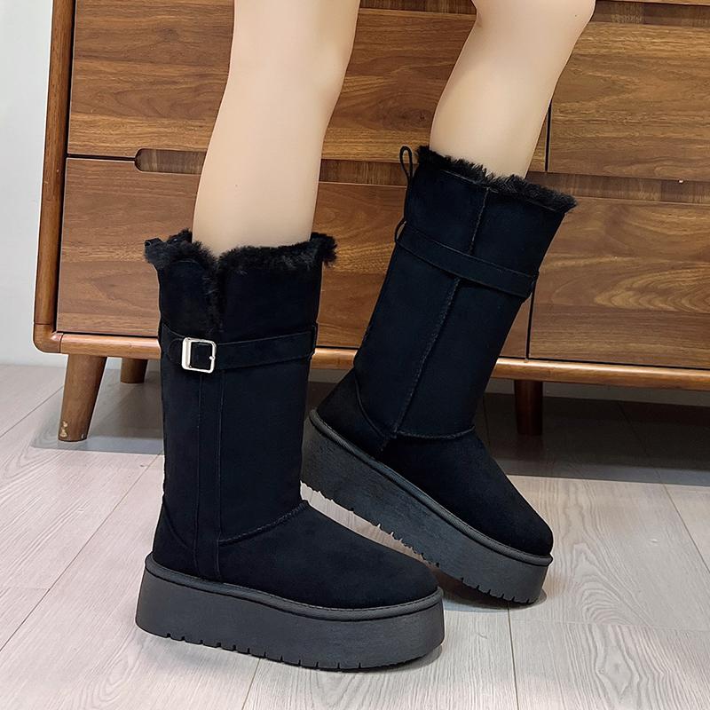 Mid-tube Cotton Boots  Winter New Belt Buckle Platform Plush Thickened Non-slip Snow Boots