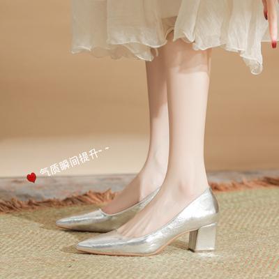 French Gold Silver High Heels, New Temperament Soft Leather, Working for a Long Time, Not Tired, Thick Heels, Light Mouth Single Shoes