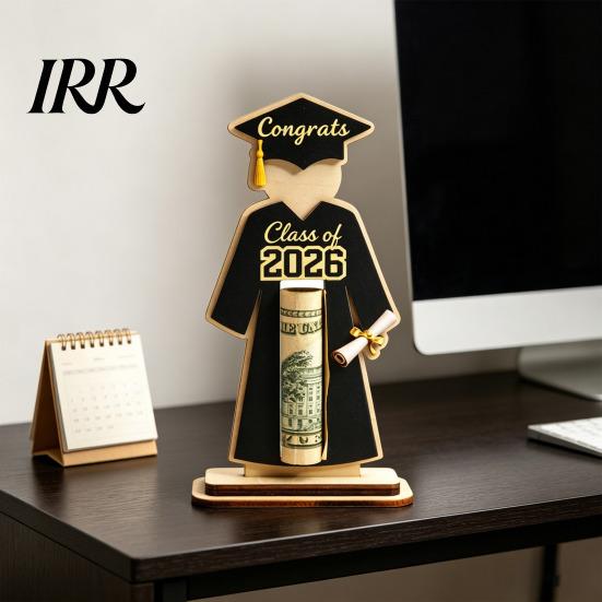 Wooden Cash Holder Graduate Cap and Gown Wallet Solid Wood Bachelor's Uniform Shape Graduation Money with Class of 2026 Logo Detachable Base Ornament