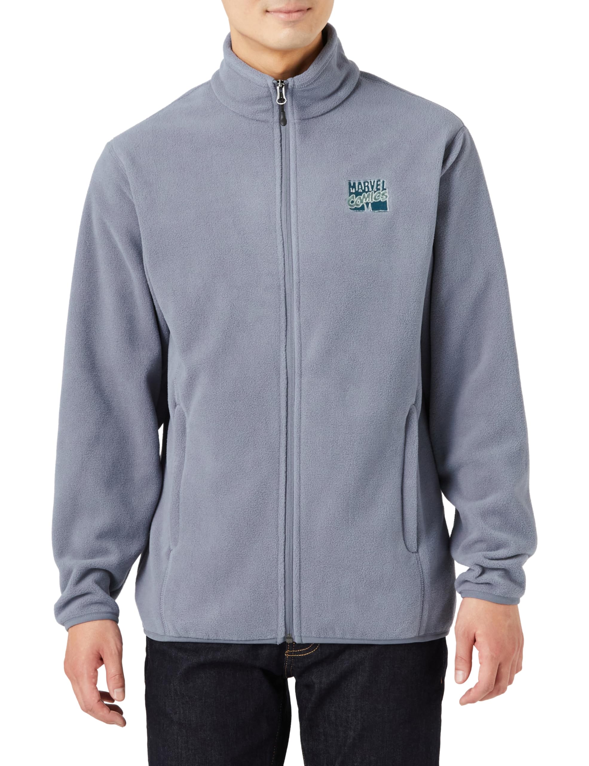

Amazon Essentials Men s Mock Neck Zip-Up Fleece Jacket with Disney, Marvel, and Star Wars Design, Marvel Comics Logo, Size L