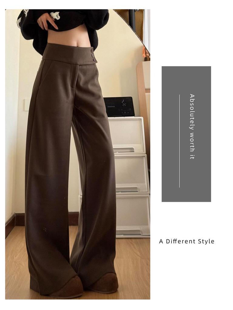 Deep Gray Women's Low-Waist Wool Suit Pants - 2025 Autumn/Winter, Straight-Leg, Buttoned, Loose Drape, High-End Wide-Leg Style