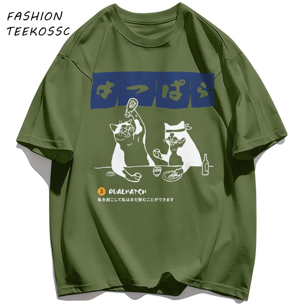 A Cat Drinking Late At Night Print Mens T Shirts Hip Hop AllMatch Tops Casual Cotton Clothes Oversized Crewneck Streetwear