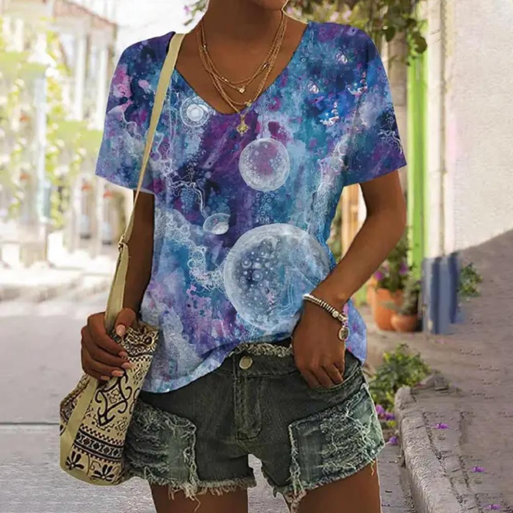 3D V Neck T Shirt Vintage Women Mixed Floral Pattern Print Summer Ladies Shirt Tops Street Trend Loose Plus Size Ladies Tops