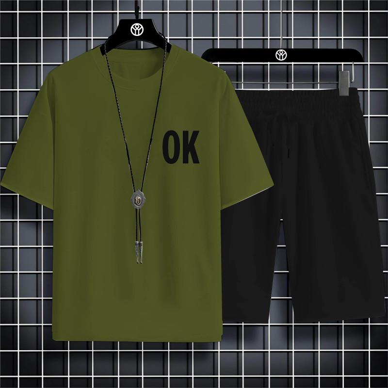 Summer Fashion Casual Sports Style Alphabet Ok Printed Men'S Round Neck Short Sleeve T-Shirt Drawstring Shorts Beach Suit