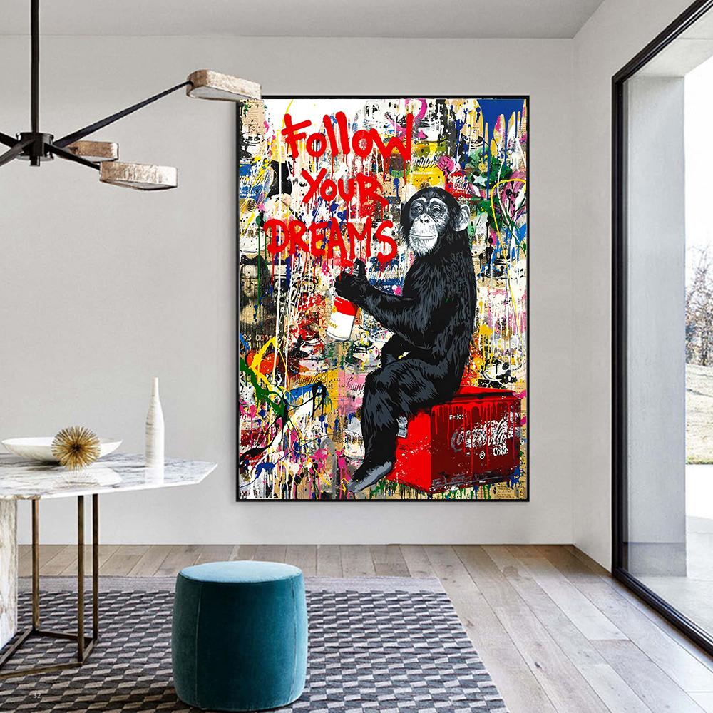 Follow Your Dreams Graffiti Art Posters and Prints Monkey Street Art Pictures Modern Fashion Canvas Paintings For Living Room