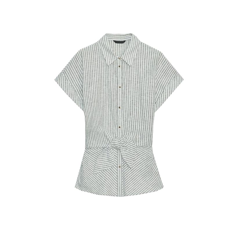 

Summer New Product Women s Clothes Linen Blend Bow Tie Stripes Flip Collar Short Sleeve Shirt 8138863 8138805 Green XS