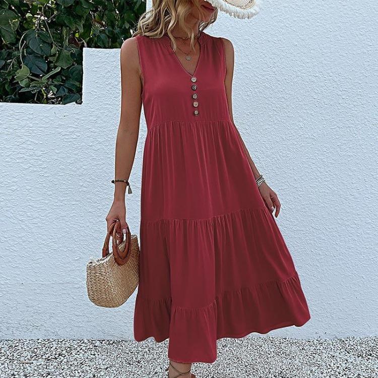 Robe d'été pour femme, coupe trapèze, longueur genou, sans manches, couleur unie, col en V
