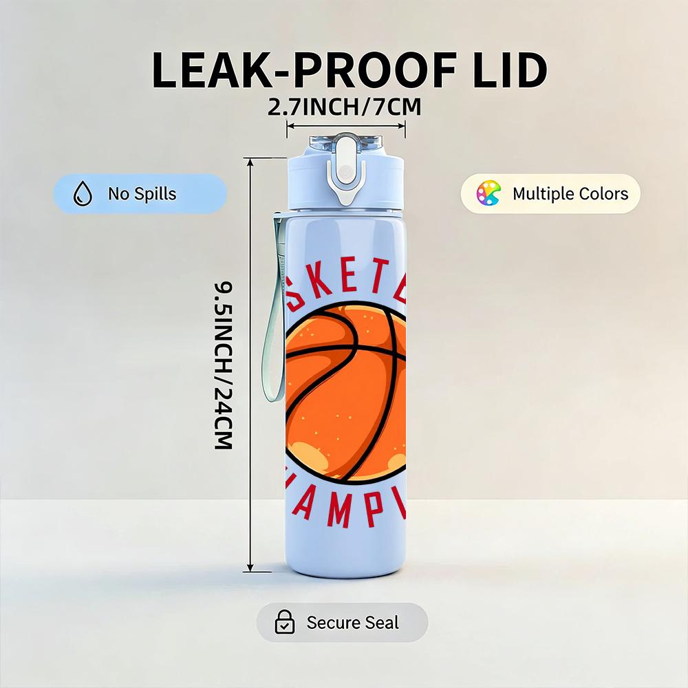 1PC Basketball Champion Circular Emblem 750ml Color Plastic Water Bottle Leakproof Flip Straw Lid For Sports Office Home Use