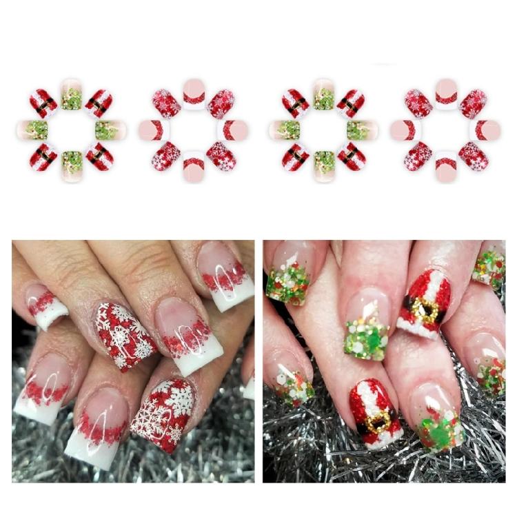 48 Pcs White Snowflake False Nails Short Square Full Cover Stick On Nails Christmas Press On Nails Manicures Supplies