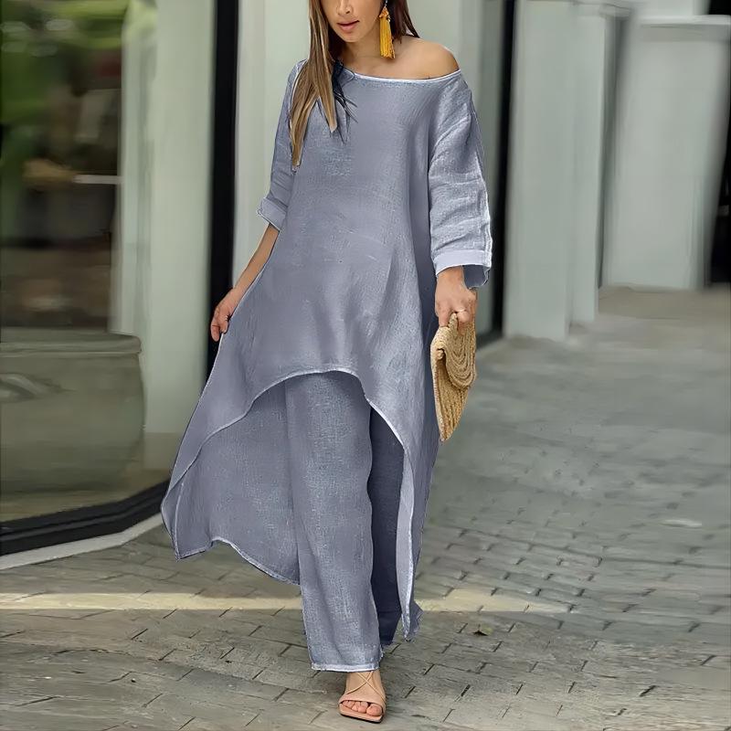 European Women's Cotton Linen Casual Plus Size Irregular Long Sleeve Top and Wide-Leg Pants Set