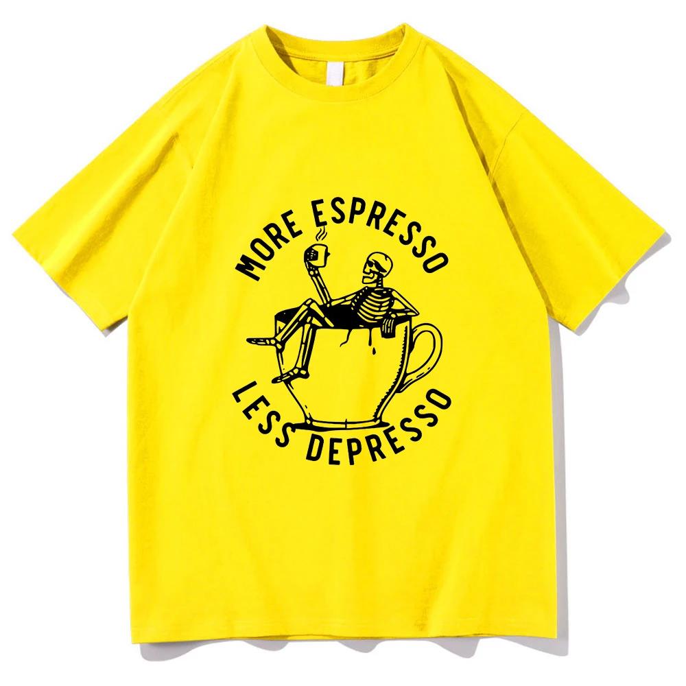 Summer Men's More Espresso Less Depresso Skeleton Drinking Coffee Pattern Print Horror Style 100% Cotton Short-sleeved T-shirt