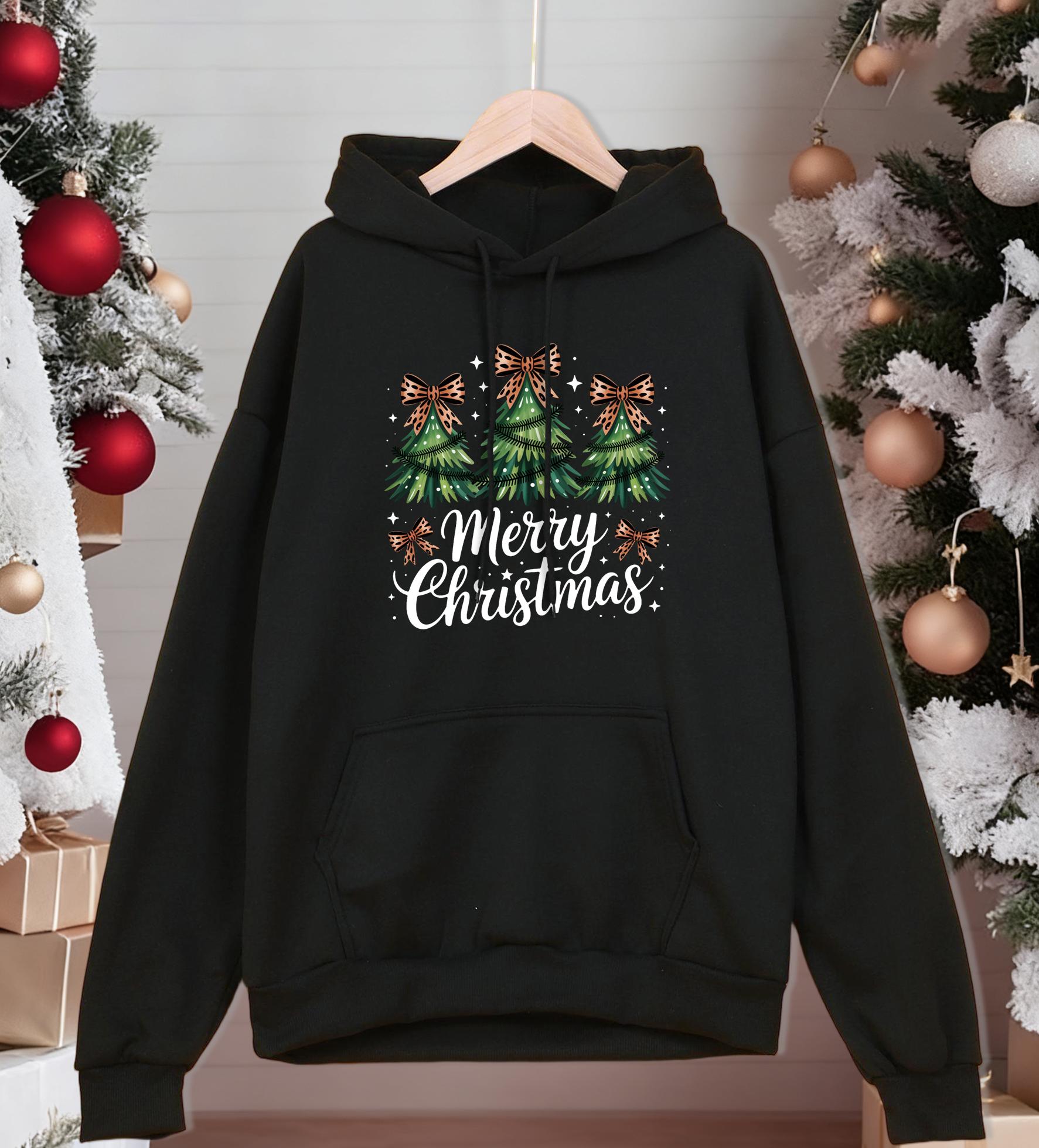 

Merry Christmas Bow Trees Printing Hoodiy Men Loose Pocket Hoodies Casual All-Match Man Sportswear Fleece Fashion Pullovers 3XL