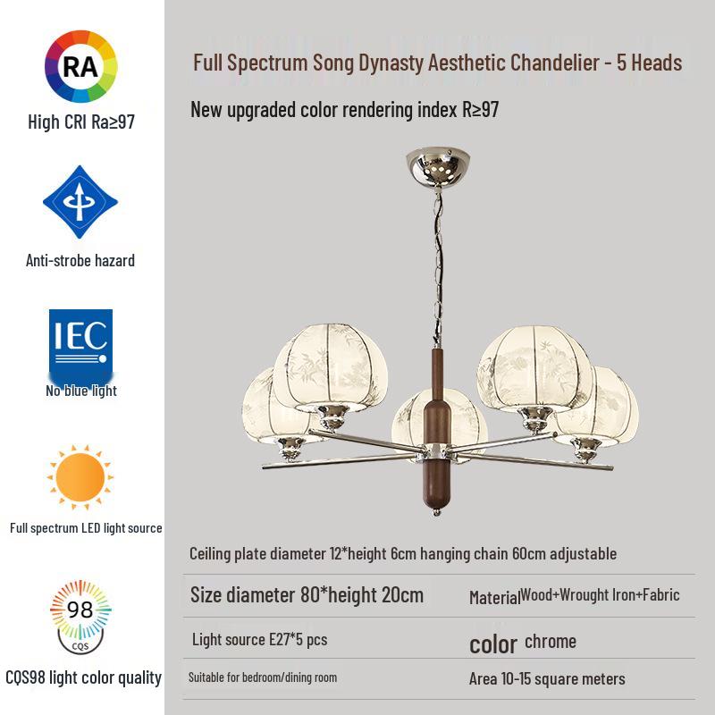 Song Dynasty-Style Chandelier: Retro Nanyang Design with Fabric and Walnut Wood for Living Room, Bedroom, or Dining Room