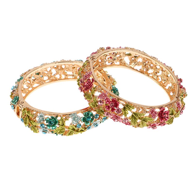 Colored Ethnic Style Flower Bangles Alloy Openwork Engraving Vintage Open Bracelets For Women Jewelry Gift