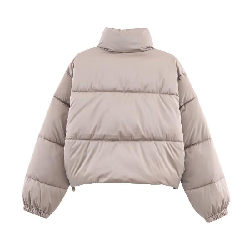 Womens Winter Short Cotton Puffer Jacket Stand Collar Long Sleeve Loose Fit Street Style