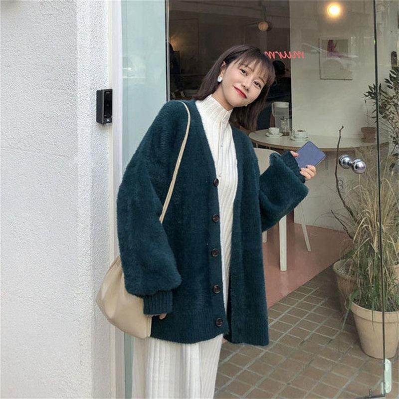 Japanese Style V-Neck Loose Knit Mink Cardigan - Spring/Autumn 2025 Fashion Sweater for Women